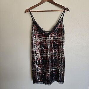 Victoria's Secret Womens Large Tartan Plaid Sequin Lace Trim Slip Dress Black